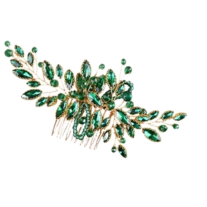 Elegante pettine per capelli da sposa dorato con cristalli verde smeraldo a foglia