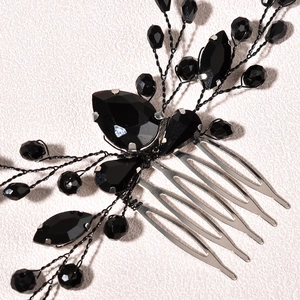 Elegant black crystal bead wedding hair comb with handmade leaf design for bridal accessories