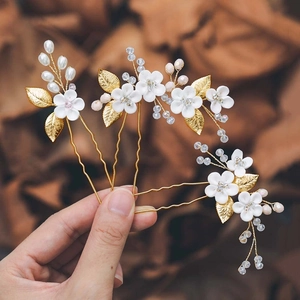 White Flower Metal Leaf Bridal Wedding Hair Sticks Elegant Artificial Pearl Rhinestone U-Shaped Hair Clips Women Jewelry Headwear