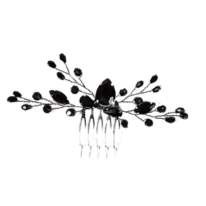 Elegant black crystal bridal hair comb with beads and handcrafted wires for wedding hair style