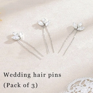 Set of 3 silver wedding hair pins with marquise crystal petals on a U-shaped alloy clip