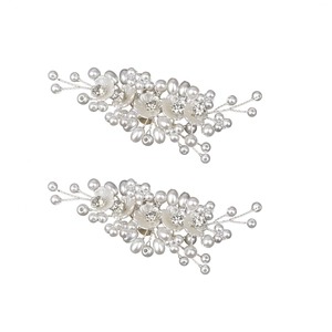 Elegant bridal pearl flower shoe clips with rhinestones and silver metal wire accents