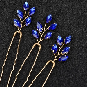 Set di 3 forcine per capelli da sposa dorate con strass blu reale a forma di foglia