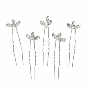 Set of 5 silver U-shaped hair pins with marquise crystal leaf accents for bridal styling
