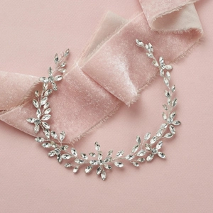 Silver bridal hair vine with marquise crystals and pink velvet ribbon detail