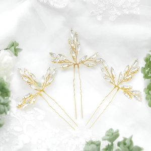 Lot de 3 épingles à cheveux de mariée dorées avec cristaux en forme de feuille