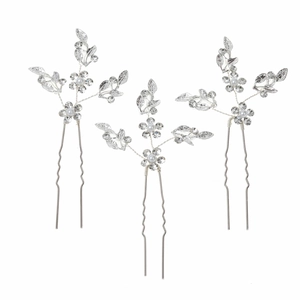 Set of 3 silver bridal hair pins with pearls, crystals and leaf designs for weddings