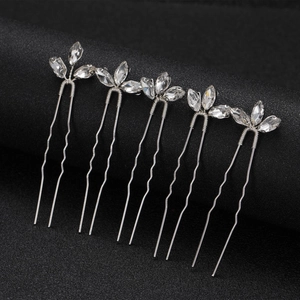 Set of 5 silver U-shaped hair pins with sparkling leaf-shaped crystal rhinestones