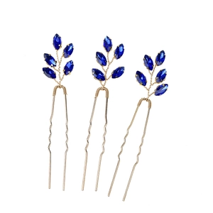 Set di tre forcine da sposa dorate con strass blu navy a forma di foglia di marquise