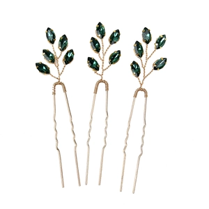 Set di 3 forcine per capelli a U dorate con cristalli verdi a forma di foglia