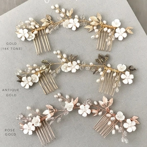 Handgefertigter Brauthaarkamm Mit Kunstperlen Blumen Blatt Kristallperlen Elegant Gold Silber Legierung Hochzeit Schmuck Damen