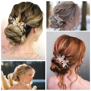 Golden metal leaf hair comb with pearls and rhinestones for elegant bridal hairstyles