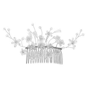 Handmade bridal crystal beaded hair comb with silver wire floral design for weddings