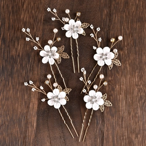 5-piece bridal floral hair pins set with white silk flowers and pearls on gold wire