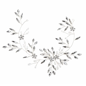 Vigne de cheveux mariée faite main avec fil d'argent et feuilles en cristal marquise