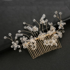 Handmade bridal hair comb with gold wire and clear crystal beads for wedding accessories