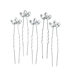Detail view of 5-piece silver U-shaped hair pins with marquise crystal leaf designs