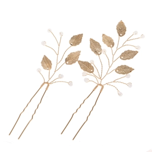Golden leaf hair pins with white crystals and U-shaped branch design for wedding styling