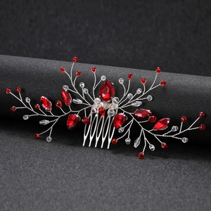 Red marquise glass bridal hair comb with silver wire branch and crystal beads