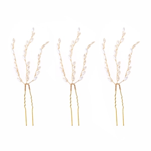 Set di 3 forcine per capelli da sposa dorate con perle bianche e design a spiga di grano