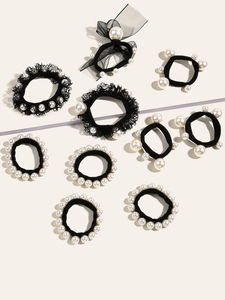 Lot de 9 élastiques à cheveux noirs avec perles blanches et détails en dentelle