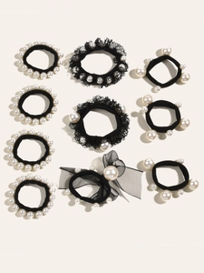 Lot de 10 élastiques à cheveux noirs avec perles blanches et rubans en dentelle