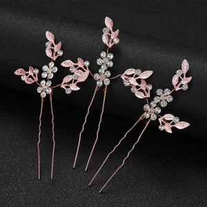 Set de 3 horquillas de novia con hojas oro rosa y brillantes diamantes para peinados de boda