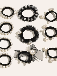Lot de 10 élastiques cheveux noirs avec perles blanches et nœuds en dentelle