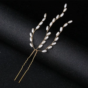 Set di 3 forcine da sposa con perle ovali e rami in filo dorato per acconciature nuziali