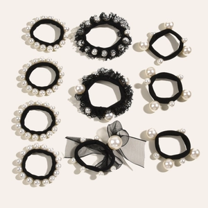 Ensemble d'Élastiques à Cheveux Noirs Élégants Avec Künstliche Perles Noeud en Dentelle Maille Scrunchies Haute Élasticité pour Femmes Fête