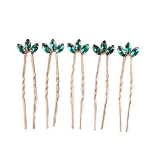 Detail of emerald green marquise rhinestones on gold U-shaped hair pins, set of 5