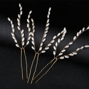 Set di 3 forcine per capelli da sposa a forma di U con perle bianche e spighe di grano d'oro