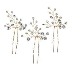 Lot de 3 épingles à cheveux de mariée dorées en U avec strass et cristaux faits main