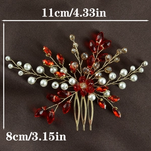 Detailed close-up showing 11x8cm dimensions of a red crystal and pearl bridal hair comb