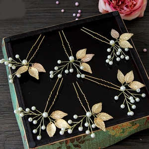 Lot de 6 épingles à cheveux feuilles dorées et perles blanches pour coiffure de mariée