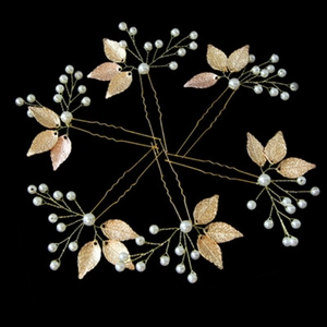 Lot de 5 épingles à cheveux de mariée avec feuilles dorées et perles sur fond noir