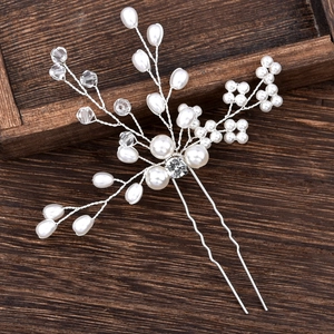 Handmade Artificial Pearl Crystal U-Shaped Hair Stick Silver Alloy Wire Flower Branch Hair Pin For Wedding Bridal Party Women Jewelry