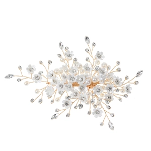 Handmade white floral bridal hair clip with faux pearls and crystals on gold wire
