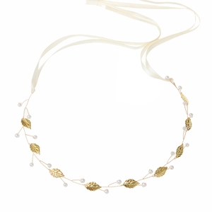 Goldenes Blatt-Haarband mit Perlen und Satinband für Braut- oder Boho-Haarstyling