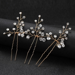 Lot de 3 épingles à cheveux de mariage dorées en forme de U avec cristaux et strass chic