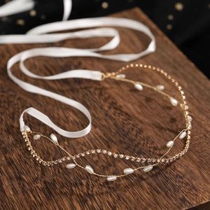 Elegant Handmade Gold Bridal Headband With Faux Artificial Pearls And Rhinestones White Satin Ribbon Wedding Hair Accessory For Women