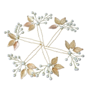 Lot de 5 épingles à cheveux en forme de U avec feuilles dorées et perles artisanales
