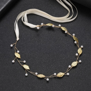 Eleganter Goldener Blatt Handgefertigt Künstliche Perlenimitat Haarband Mit Satinband Bohemian Braut Hochzeit Haarschmuck Für Damen
