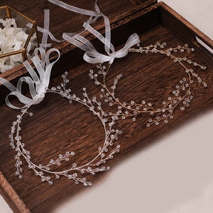 Handmade gold and silver crystal beaded hairband with white organza ribbons for brides