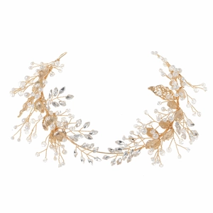 Handmade gold leaf bridal hair pin with faux pearls and sparkling crystal beads
