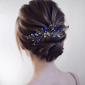 Silver bridal hair vine with blue rhinestones and beads for elegant wedding hairstyles