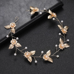Golden Flower Leaf Bridal Headband With Artificial Pearls Hollow Design Vintage Wedding Hair Accessory For Brides Women Headpiece