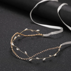 Handmade bridal headband with gold wires, white pearls and sparkling rhinestones
