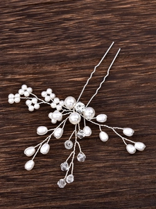 Handmade bridal U-shaped hair pin with silver wire, white pearls, and clear crystals