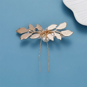 Épingle à cheveux baroque dorée avec feuilles et perles pour coiffure de mariage